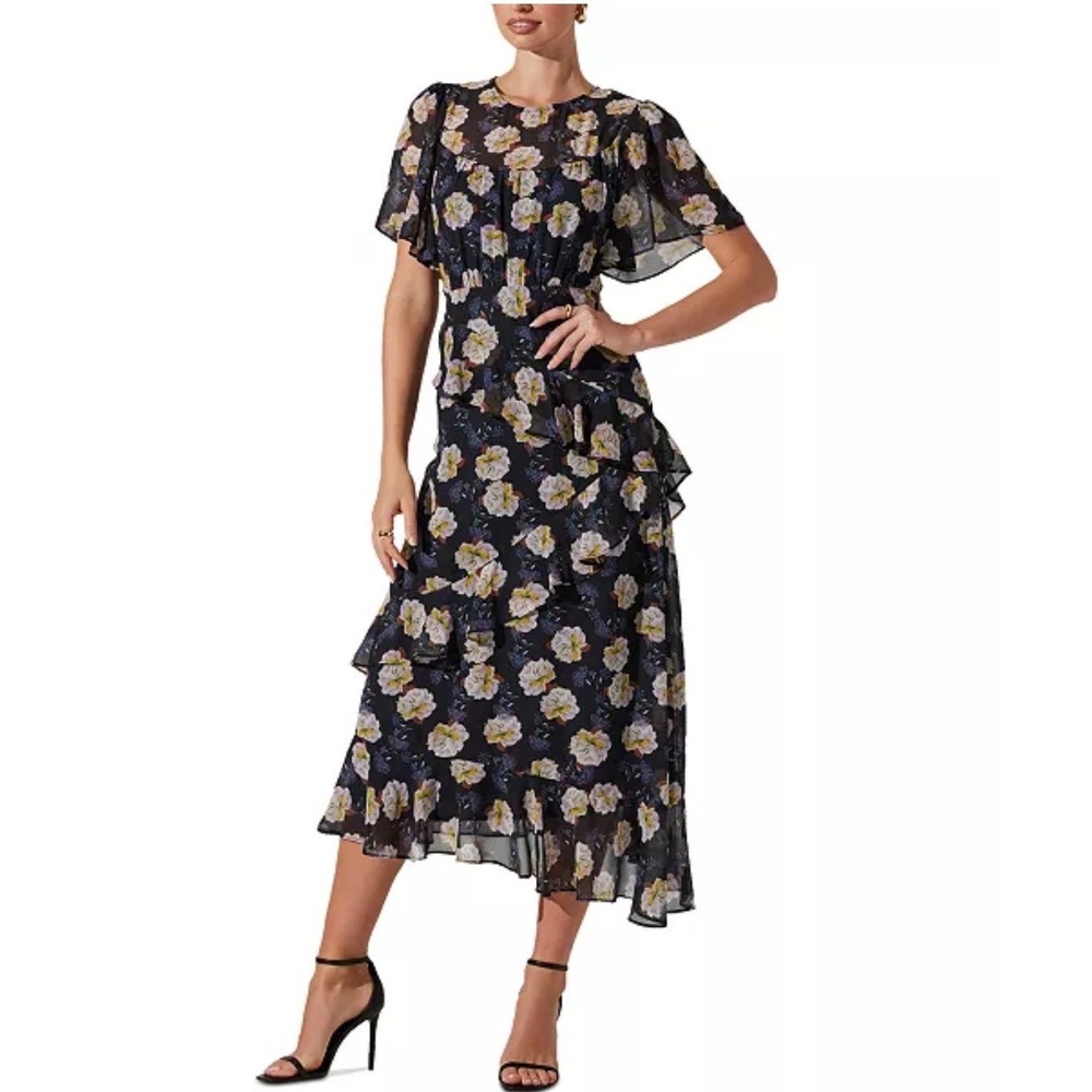 ASTR The Label Ruffle Midi Dress Black Small Flutter Sleeve Tiered Wedding Guest